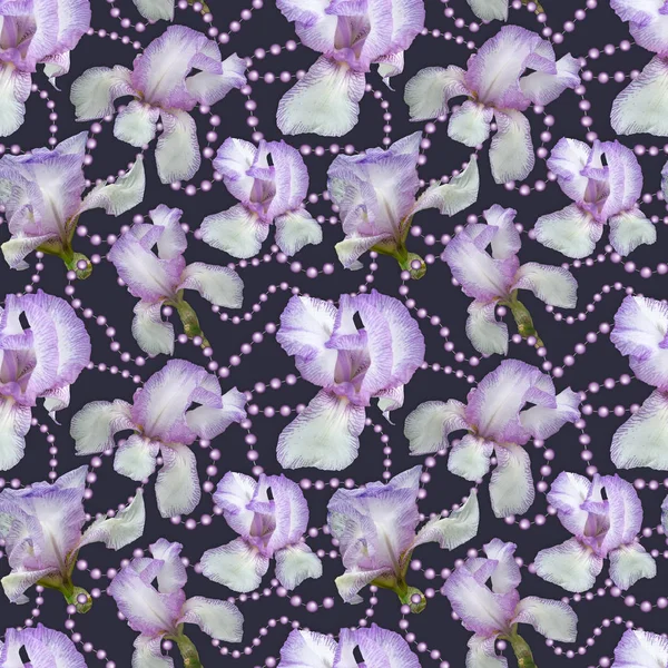 Seamless pattern. Delicate flowers of irises on a purple underlay with pearl beads