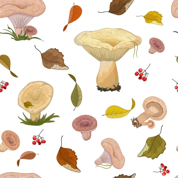 Fond d'automne sans couture avec des champignons roses et jaunes et des feuilles d'automne — Image vectorielle