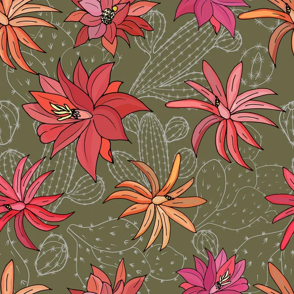 Nahtloses Muster mit Kakteenblüten auf grünem Hintergrund. — Stockvektor