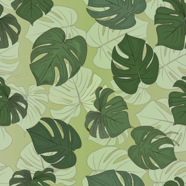 Yeşil arka plan üzerinde tropikal yeşil yaprakların desen