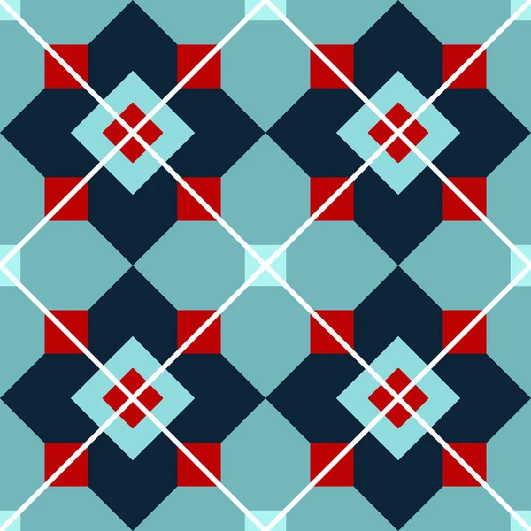 Γραφικό μοτίβο από τυρκουάζ, κόκκινα και μπλε τετράγωνα με λευκές γραμμές — Διανυσματικό Αρχείο