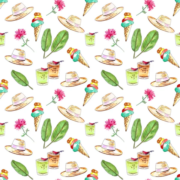 El patrón de los objetos veraniegos con las hojas del plátano, el sombrero de paja, el helado, el coctel, la flor roja. Ilustración en acuarela — Foto de Stock