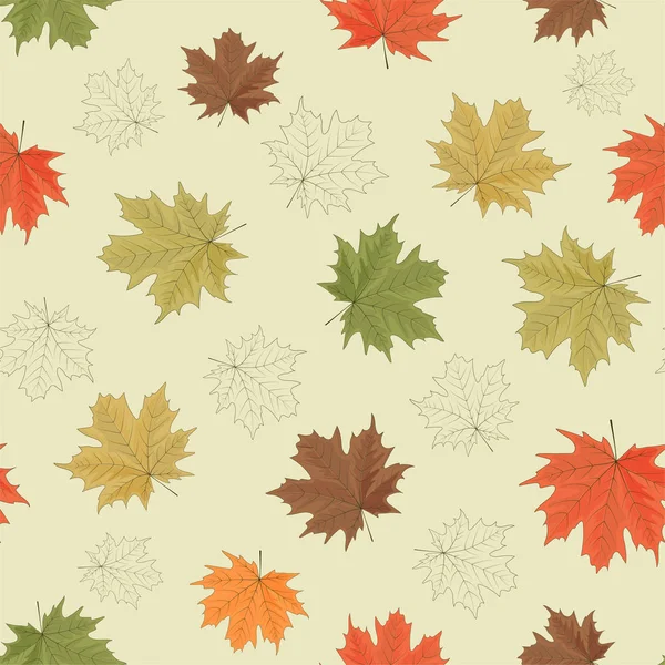 Seamless pattern with flying maple leaves and their outlines on a green background. — Stock Photo, Image