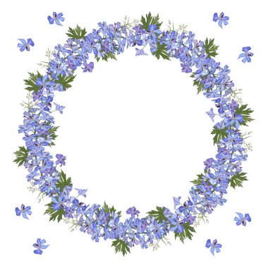 Delphinium çiçek mavi çelenk. Çerçeve ve düğün aksesuarları dekorasyon