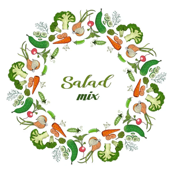 Corona de verduras de verano para ensalada. Cebollas, pepino, rábanos, brócoli, guisantes verdes, eneldo y zanahorias . — Vector de stock