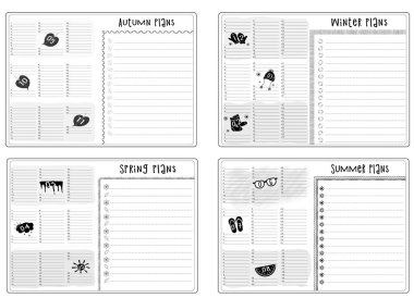 Yaz, sonbahar, kış ve ilkbahar için aylık planlama işleri ve alışkanlıkları sayfaları. Yapılacakları listele