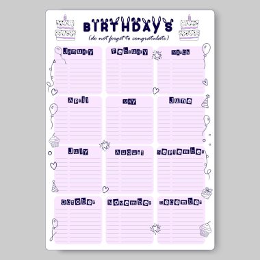 Checklist, arkadaşlarınıza ve akrabalarınıza mutlu yıllar dilemeyi unutmayın. Her ay hatırlatma. Dikey şablon.