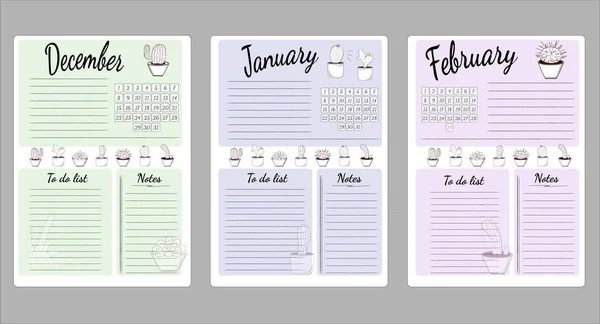 Monatsblätter mit Businessplänen und Gewohnheiten für die Wintermonate Dezember, Januar und Februar. Liste der zu erledigenden Aufgaben — Stockvektor