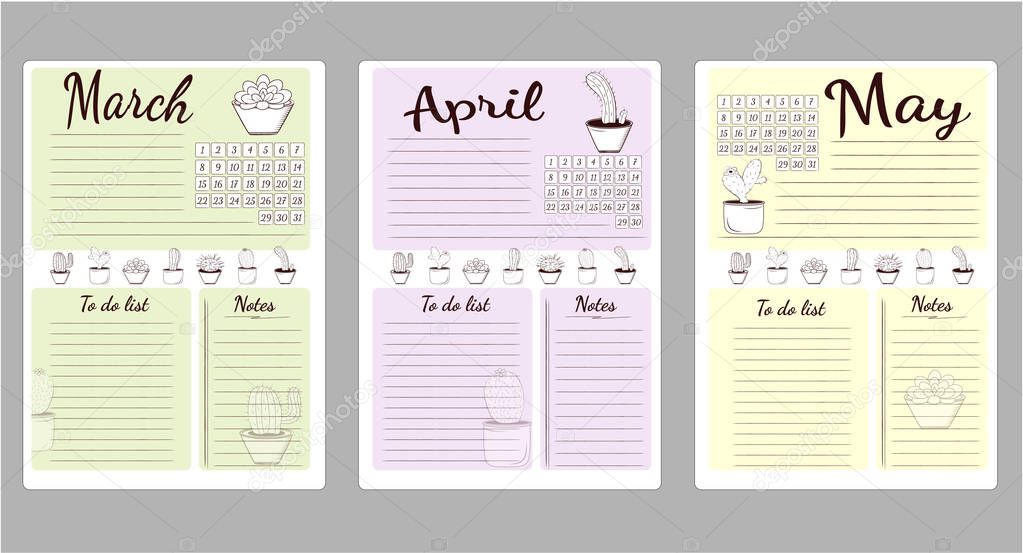 Monthly sheets of business plans and habits list to do, in the spring months of March, April, May.