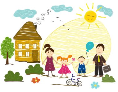 Children s drawing on the theme of family. Children and adults, mom, dad, daughter, son, home and sun. clipart