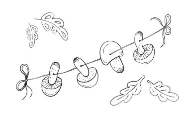 Mantarlar bir ip üzerinde kuruması için. Karikatür tarzında siyah beyaz çizim.