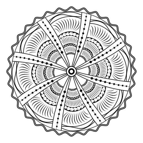 Kreisförmiges Mandala mit zunehmenden Strahlen aus der Mitte. Schwarz-Weiß-Bild zum Ausmalen. — Stockvektor