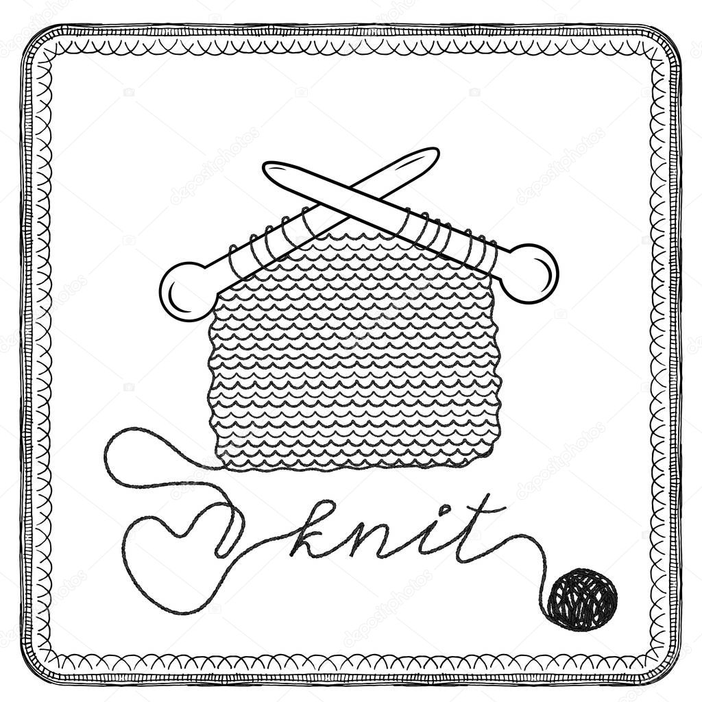 Knitted fabric on knitting needles. Black and white vector illustration.