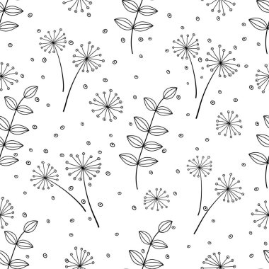 Siyah beyaz renkte yaprak ve çiçek doğal desen ile Dikişsiz desen.