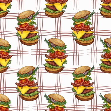 Çizgilerin arka planında iştah açıcı hamburger ile dikişsiz desen