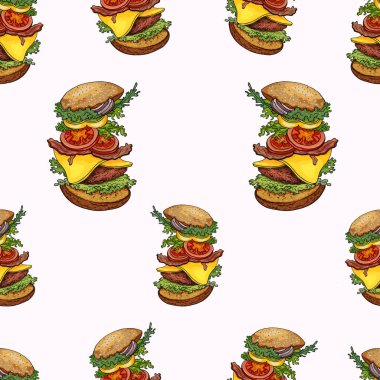 Beyaz arka planda iştah açıcı hamburgerler ile dikişsiz desen