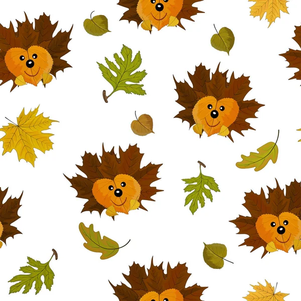 Efterårsblade og påføring af pindsvin fra efterårsblade. Sømløse mønstre – Stock-vektor