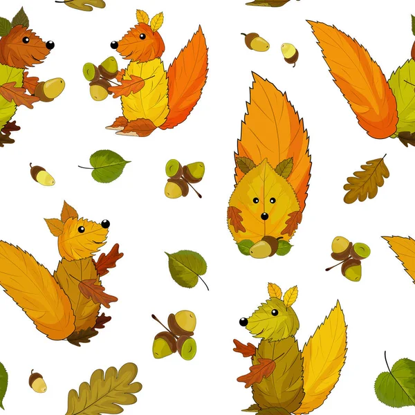 Foglie di autunno e applicazione di scoiattoli da foglie di autunno. Modelli senza cuciture — Vettoriale Stock