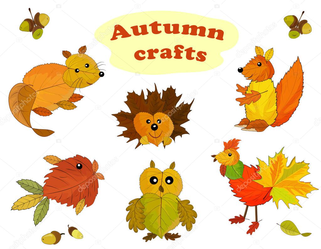 Animal characters made from autumn leaves. Autumn applique