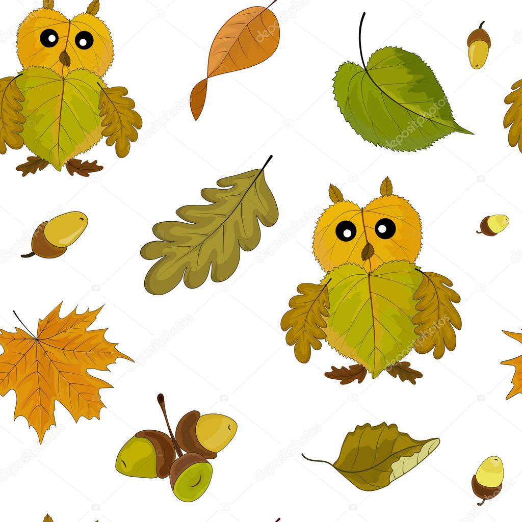 Autumn leaves and application of an owl from autumn leaves. Seamless pattern