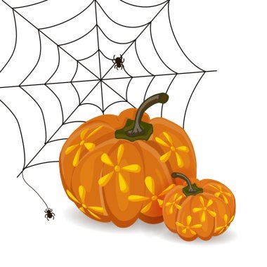 Kesilmiş çiçekler, örümcek ağları ve örümceklerle tebrikler için sonbahar balkabağı..