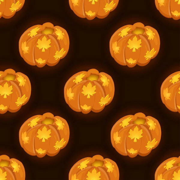 Seamless pattern with luminous festive pumpkins on a dark background — Stock Vector