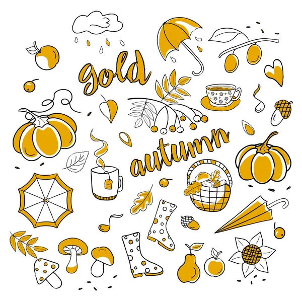 Set di immagini isolate su un tema autunnale con un riempimento giallo e l'iscrizione autunno dorato — Vettoriale Stock