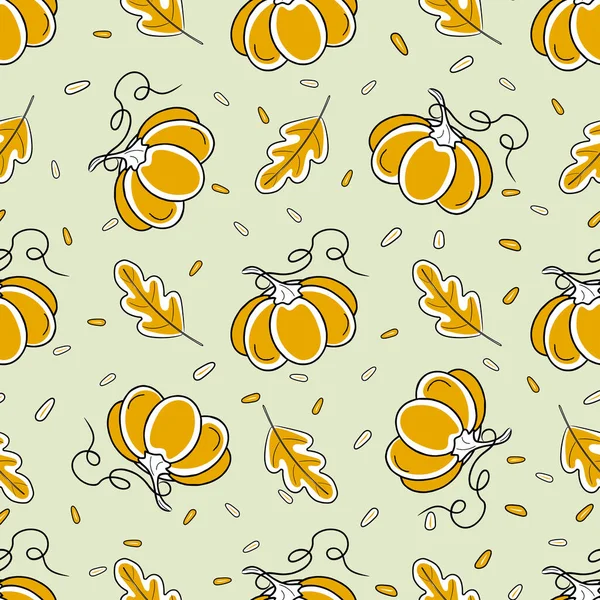 Naadloos patroon met een patroon van pompoenen, herfstbladeren en zaden. — Stockvector