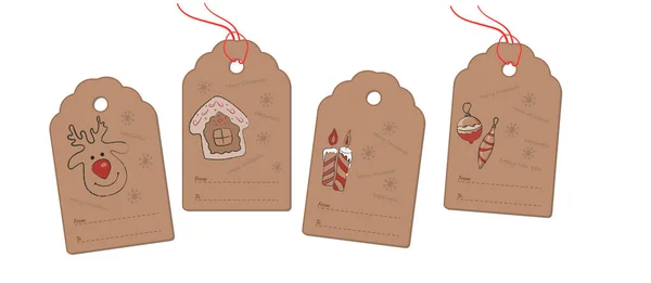 Étiquettes de vœux de Noël et du Nouvel An avec un dessin au crayon d'un cerf, maison, bougies et décorations de Noël. Vecteur — Image vectorielle