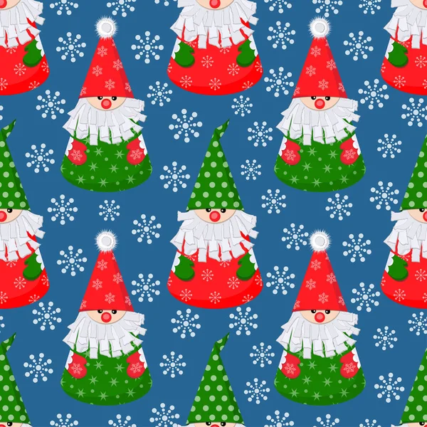 Año Nuevo, patrón sin costuras de Navidad con muñeco de papel Santa Claus sobre un fondo azul con copos de nieve — Vector de stock