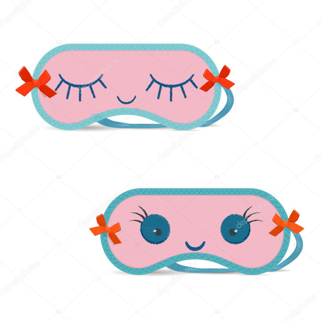 Pink sleep mask with embroidered closed and open eyes.