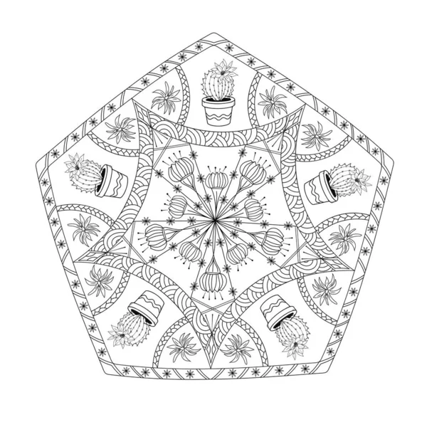 Mandala Pentagonal Con Cactus Líneas Negras Sobre Fondo Blanco Página — Archivo Imágenes Vectoriales