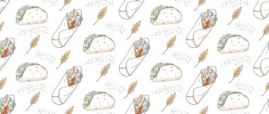 Shawarma ve fast food 'u minimalist tarzda kusursuz bir vektör geçmişi var. Paketleme için fikir