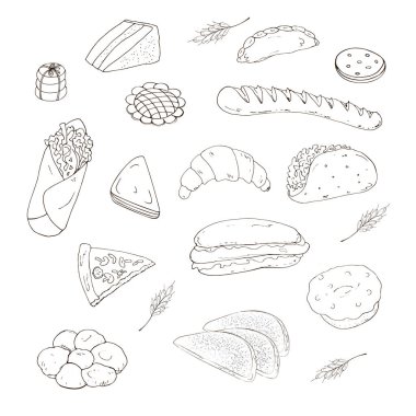 Vektör çizimi. Elle çizilmiş resimler, baget, sandviç, hamburger, çörek, kruvasan, beyaz arka planda izole edilmiş shawarma şeklinde pişirme nesneleri..