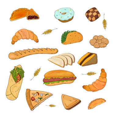 Pişirme objeleri, baget, sandviç, hamburger, çörek, kruvasan, beyaz arka planda izole edilmiş shawarma. Vektör illüstrasyonu