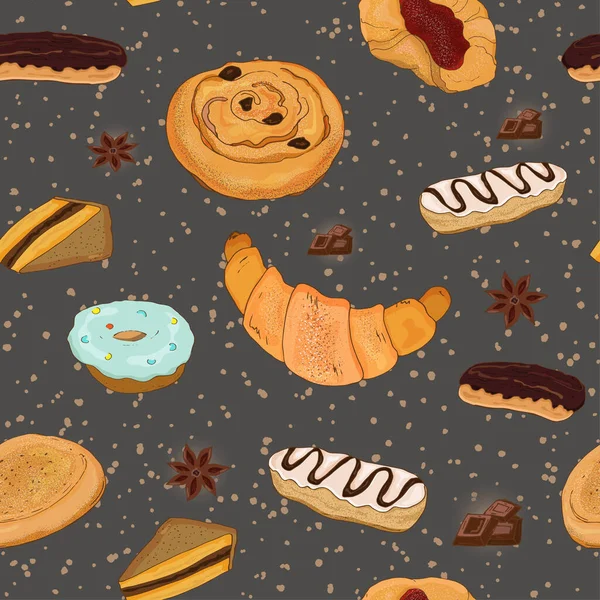 WebSeamless patrón con sobre pasteles dulces, croissant, rollo de pasas, eclair, donut . — Vector de stock