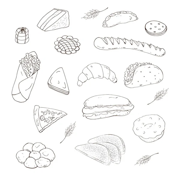 Ilustracja wektora. Zestaw przedmiotów do pieczenia w postaci ręcznie rysowanych obrazów, bagietki, kanapki, hamburgera, pączka, rogalika, szawarmy izolowanej na białym tle. — Wektor stockowy