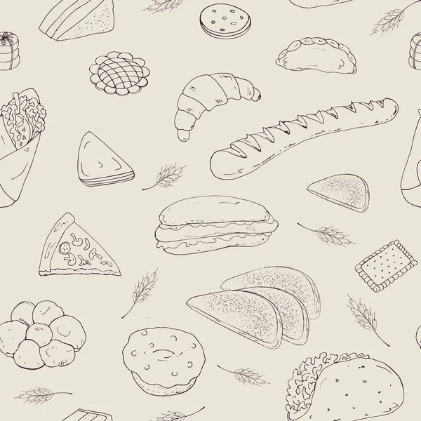 Fond vectoriel sans couture de leurs objets de cuisson sous la forme d'images dessinées à la main, baguette, sandwich, hamburger, beignet, croissant, shawarma, sur un fond vide. — Image vectorielle