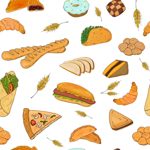 Fond vectoriel sans couture de leurs objets pour la cuisson de baguette, sandwich, hamburger, beignet, croissant, shawarma sur un fond blanc. — Image vectorielle