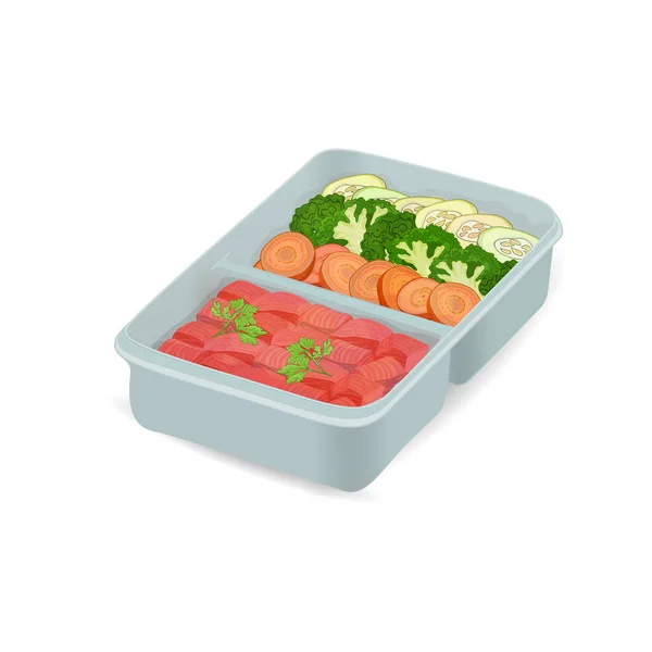 Обеденная коробка с готовой едой для доставки. Вкусный набор здоровых продуктов, кусочки рыбы и свежие нарезанные овощи — стоковый вектор
