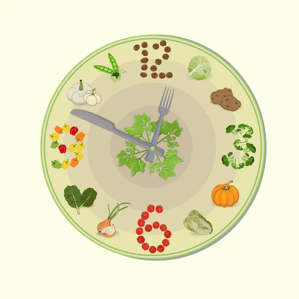 Reloj redondo con números de verduras. Ilustración vectorial — Vector de stock