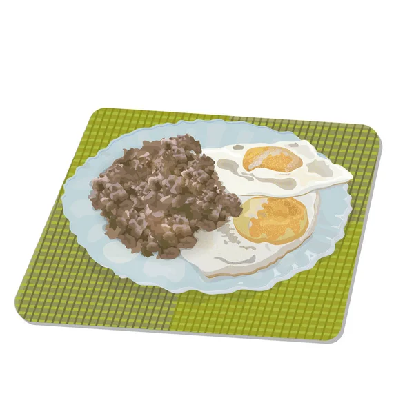Plato con una porción de huevos fritos y gachas de trigo sarraceno en una servilleta — Vector de stock