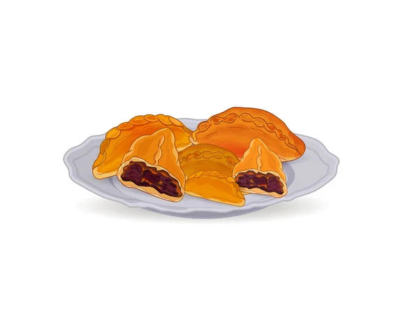 Fragrant tasty pasties with filling on a serving plate. Vector illustration — Stock Vector