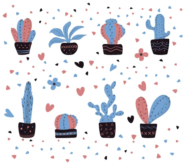 Collection Stylized Pink Blue Cacti Pots Vector Illustration — Stock Vector