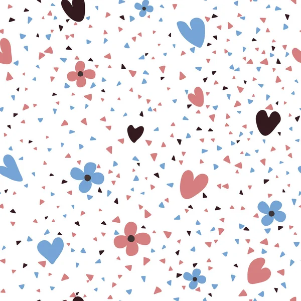 Einfaches Nahtloses Muster Aus Handgezeichneten Herzen Blumen Und Konfetti Vektorvorlage — Stockvektor