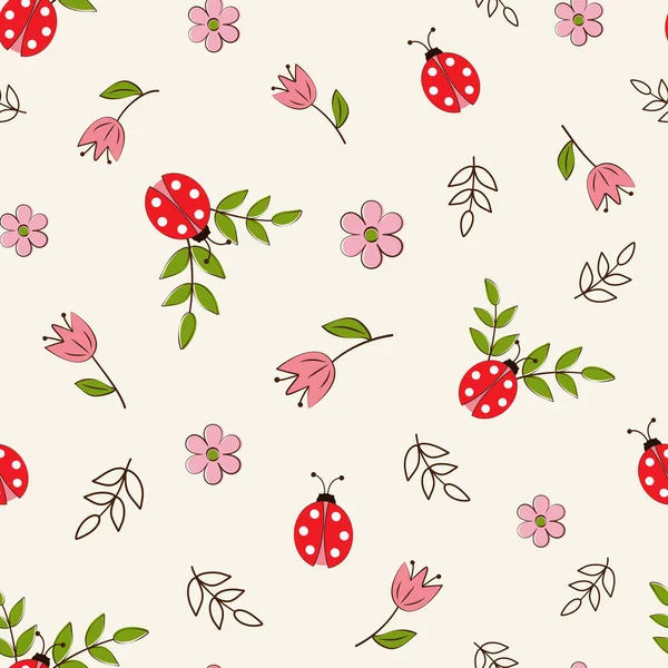 Webseamless Pattern Ladybugs Flowers White Background Flat Style Vector — Stock Vector