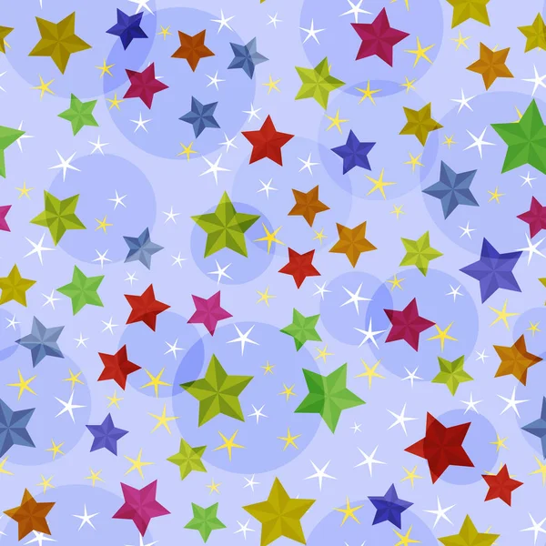 Seamless Pattern Colored Stars Transparent Bubbles Blue Background — Stock Vector