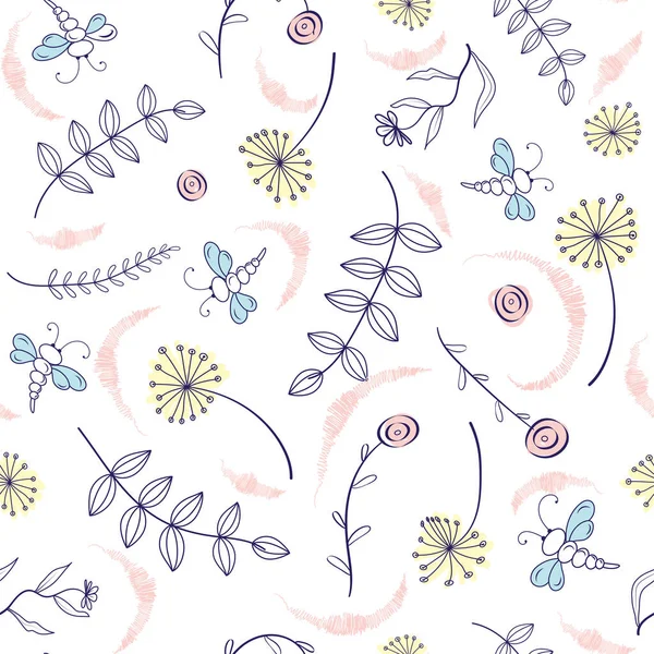 Nahtloses Muster Mit Libellen Und Blumen Auf Weißem Hintergrund Doodle — Stockvektor