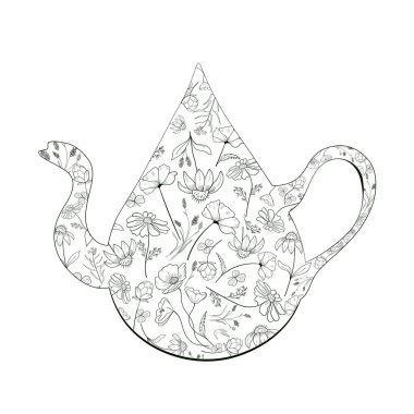 Çiçekli bir damla şeklinde bir çaydanlık. Sağlıklı çevre dostu bitkisel içecek. Tek renkli vektör illüstrasyonu