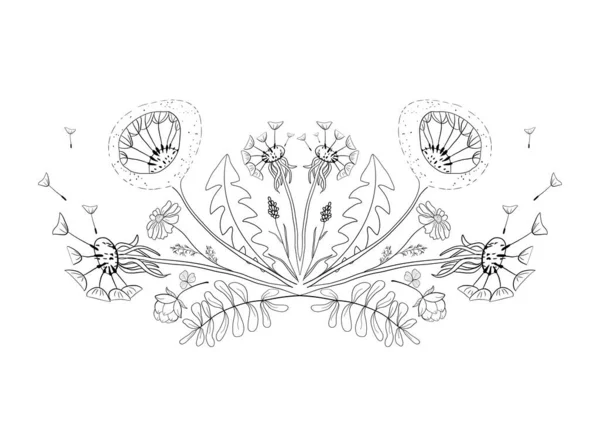 Semicircular frame with dandelion and chamomile flowers. Save the date invitation template.